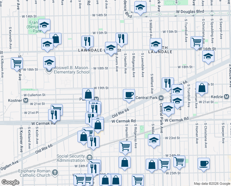 map of restaurants, bars, coffee shops, grocery stores, and more near 1916 S Avers Ave in Chicago