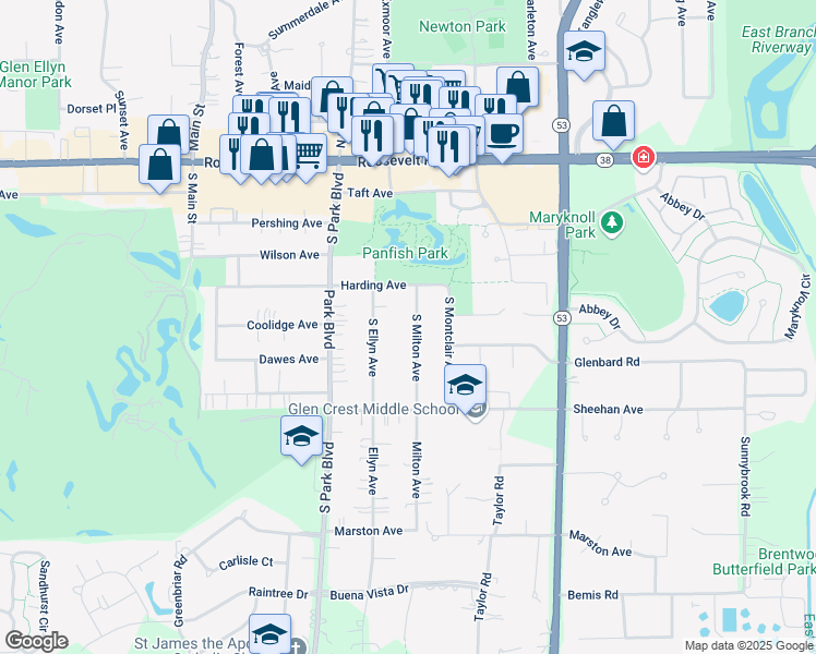 map of restaurants, bars, coffee shops, grocery stores, and more near 134 South Milton Avenue in Glen Ellyn
