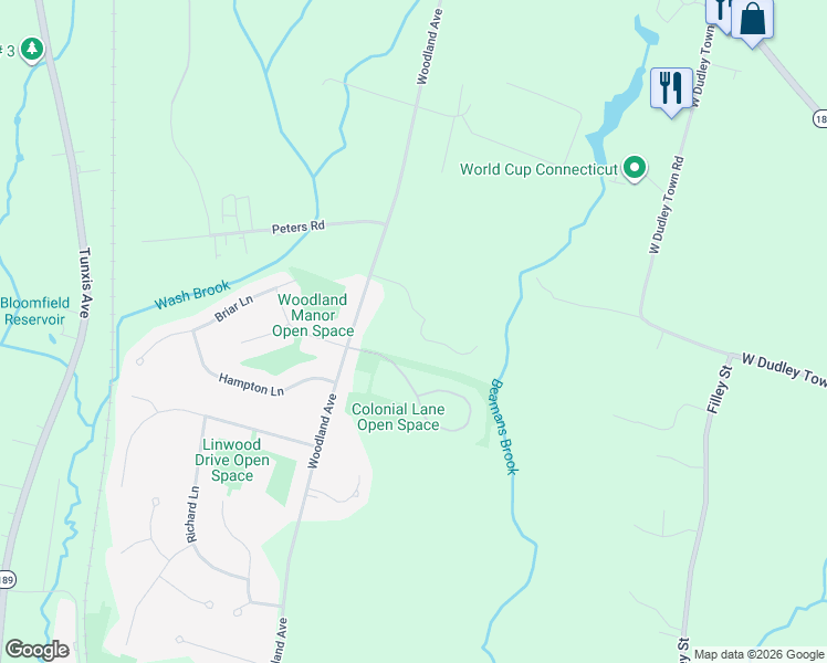 map of restaurants, bars, coffee shops, grocery stores, and more near 8 Brighton Park Way in Bloomfield