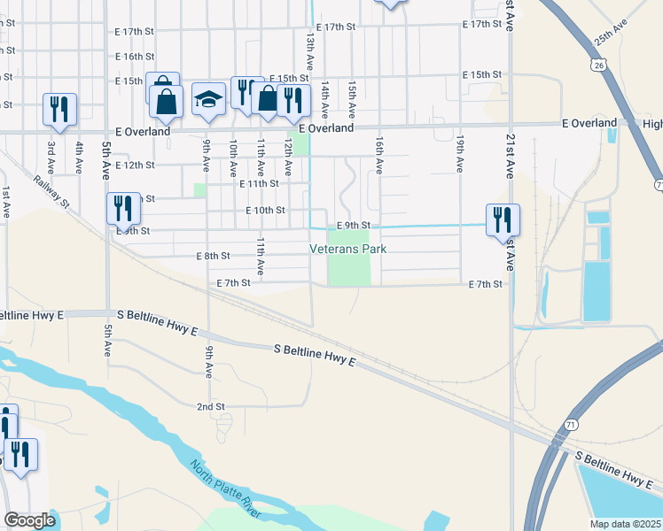map of restaurants, bars, coffee shops, grocery stores, and more near 714 14th Avenue in Scottsbluff