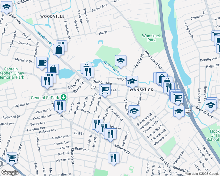 map of restaurants, bars, coffee shops, grocery stores, and more near 63 Henrietta Street in Providence