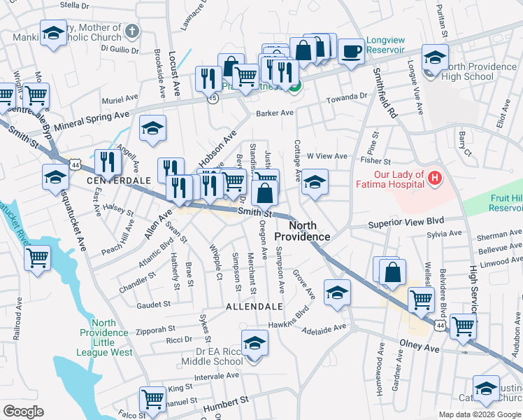 map of restaurants, bars, coffee shops, grocery stores, and more near 1737 Smith Street in North Providence