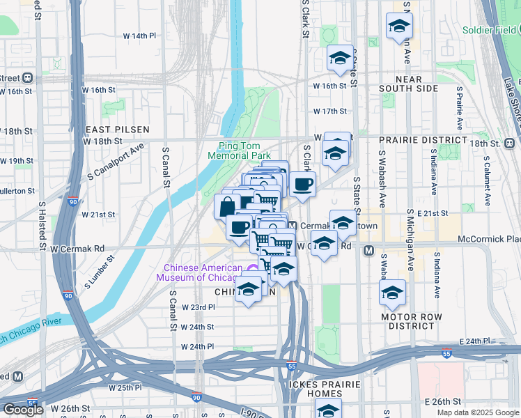 map of restaurants, bars, coffee shops, grocery stores, and more near 2121 South China Place in Chicago