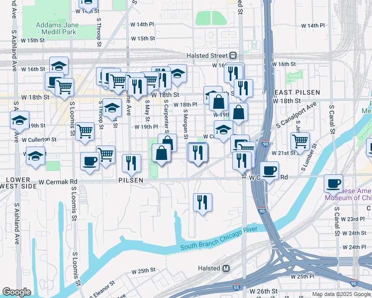 map of restaurants, bars, coffee shops, grocery stores, and more near 2021 South Morgan Street in Chicago