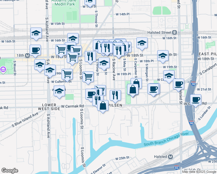 map of restaurants, bars, coffee shops, grocery stores, and more near 1212 West 21st Street in Chicago