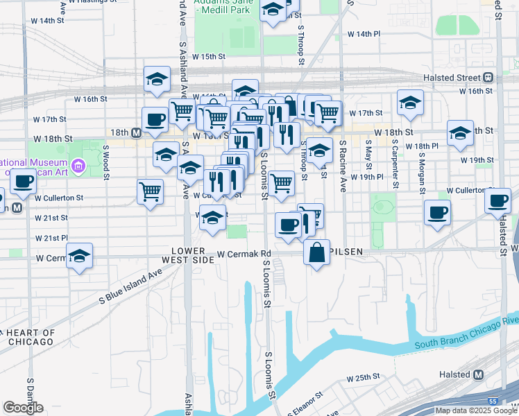 map of restaurants, bars, coffee shops, grocery stores, and more near 2018 South Loomis Street in Chicago