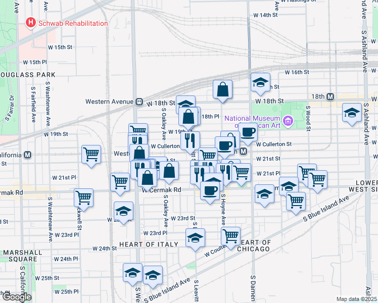 map of restaurants, bars, coffee shops, grocery stores, and more near 2006 South Leavitt Street in Chicago