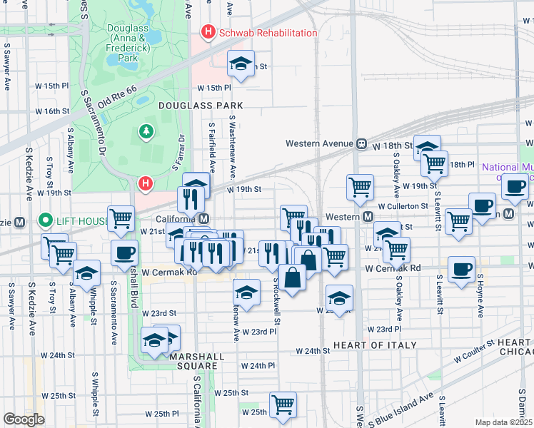 map of restaurants, bars, coffee shops, grocery stores, and more near 2621 West Cullerton Street in Chicago