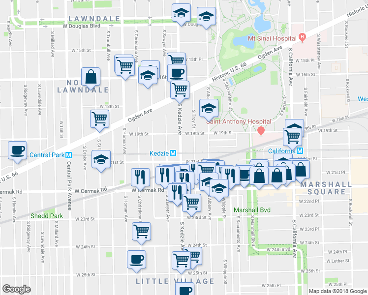 map of restaurants, bars, coffee shops, grocery stores, and more near 1929 South Kedzie Avenue in Chicago