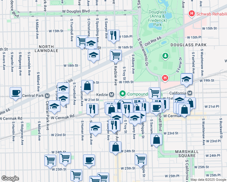 map of restaurants, bars, coffee shops, grocery stores, and more near 1929 South Kedzie Avenue in Chicago