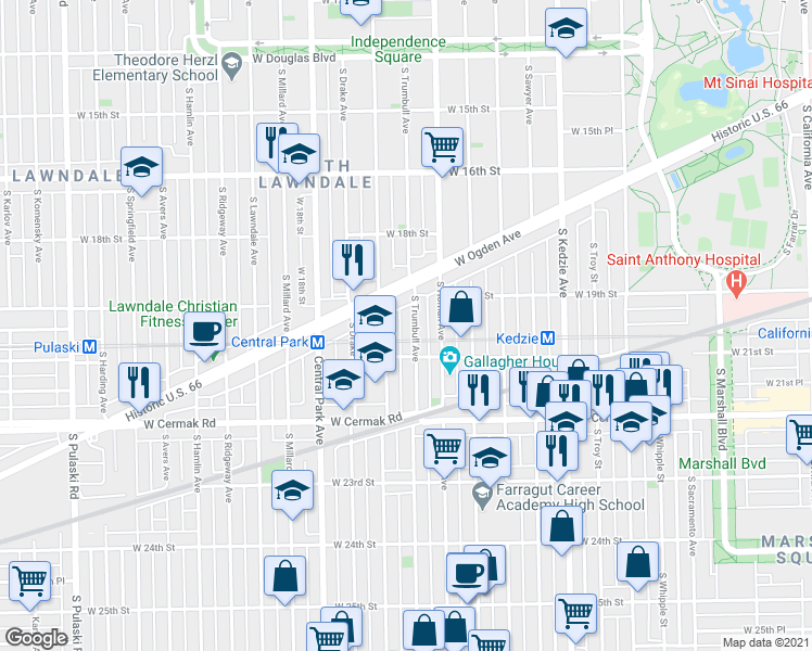 map of restaurants, bars, coffee shops, grocery stores, and more near 1943 South Trumbull Avenue in Chicago