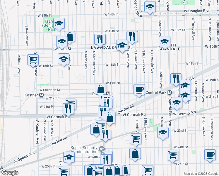 map of restaurants, bars, coffee shops, grocery stores, and more near 1915 South Pulaski Road in Chicago