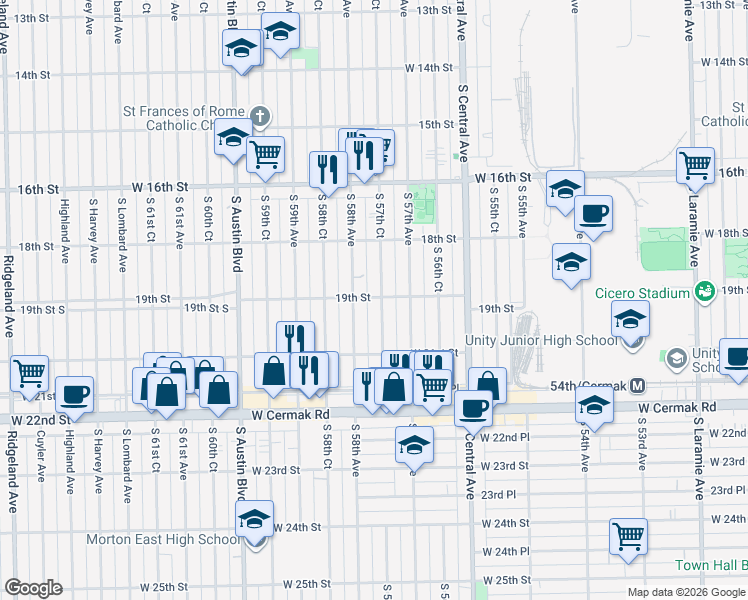 map of restaurants, bars, coffee shops, grocery stores, and more near 1900 South 57th Court in Cicero