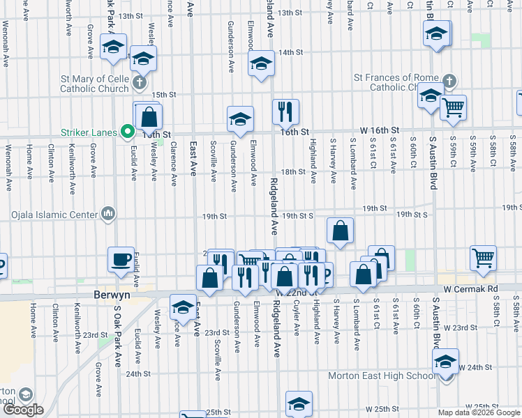 map of restaurants, bars, coffee shops, grocery stores, and more near 1845 Elmwood Avenue in Berwyn