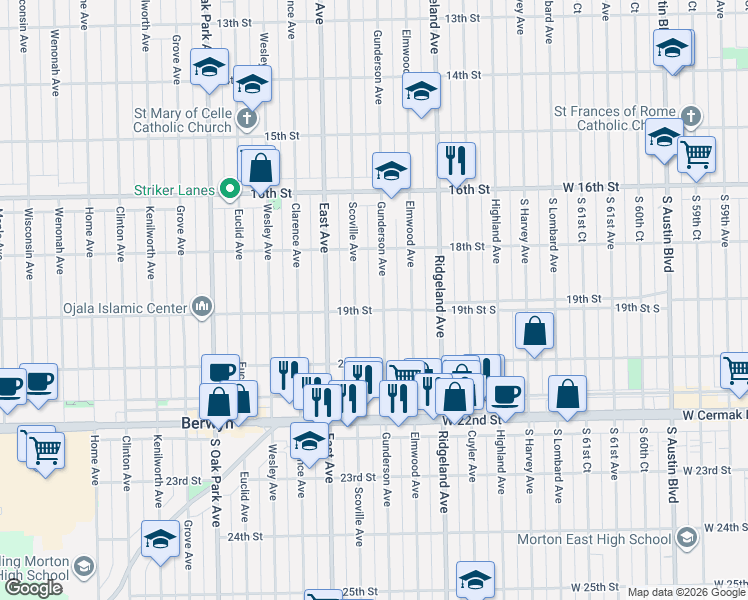 map of restaurants, bars, coffee shops, grocery stores, and more near 1849 Gunderson Avenue in Berwyn