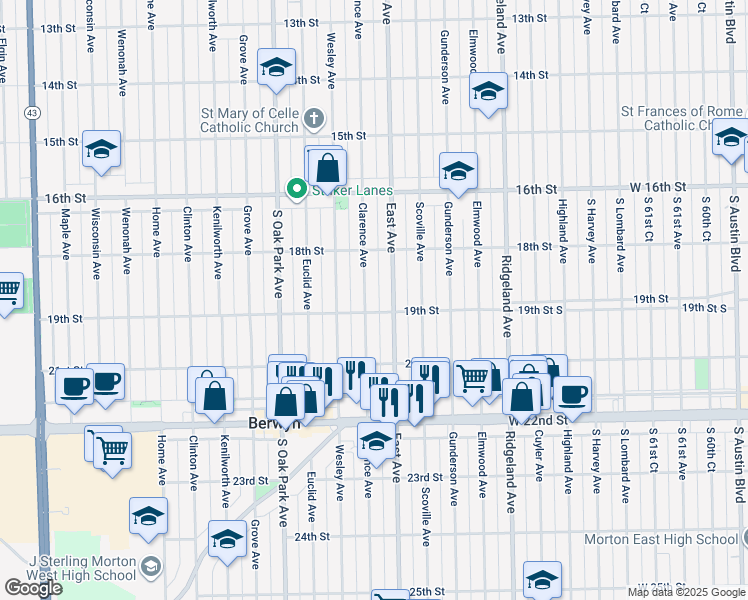 map of restaurants, bars, coffee shops, grocery stores, and more near 1846 East Avenue in Berwyn