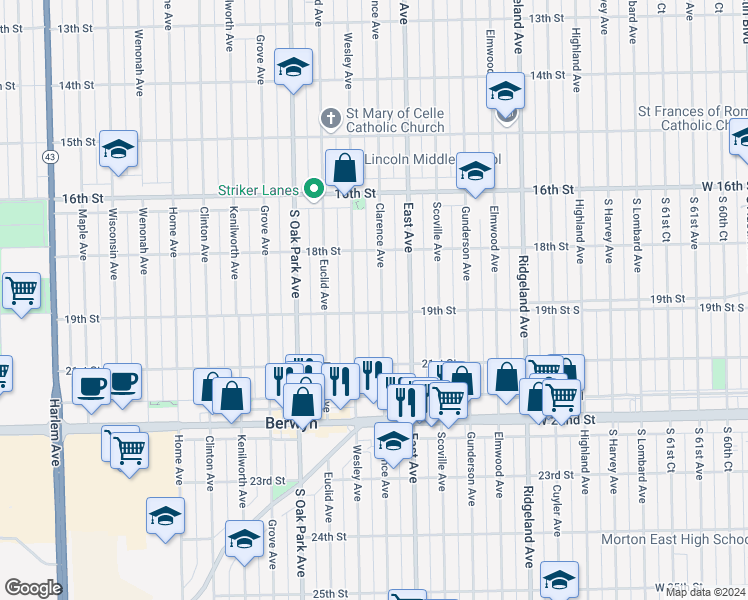 map of restaurants, bars, coffee shops, grocery stores, and more near 1843 Wesley Avenue in Berwyn