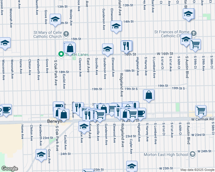 map of restaurants, bars, coffee shops, grocery stores, and more near 1847 Gunderson Avenue in Berwyn