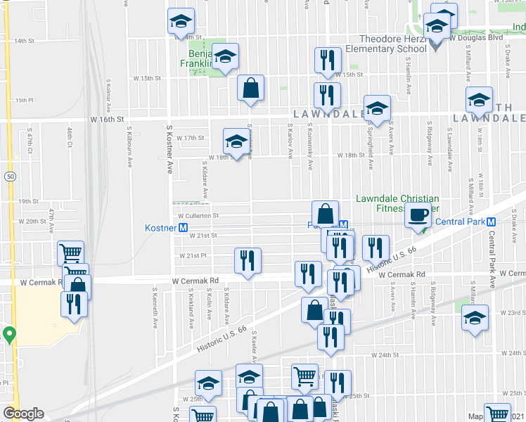 map of restaurants, bars, coffee shops, grocery stores, and more near 4142 West Cullerton Street in Chicago