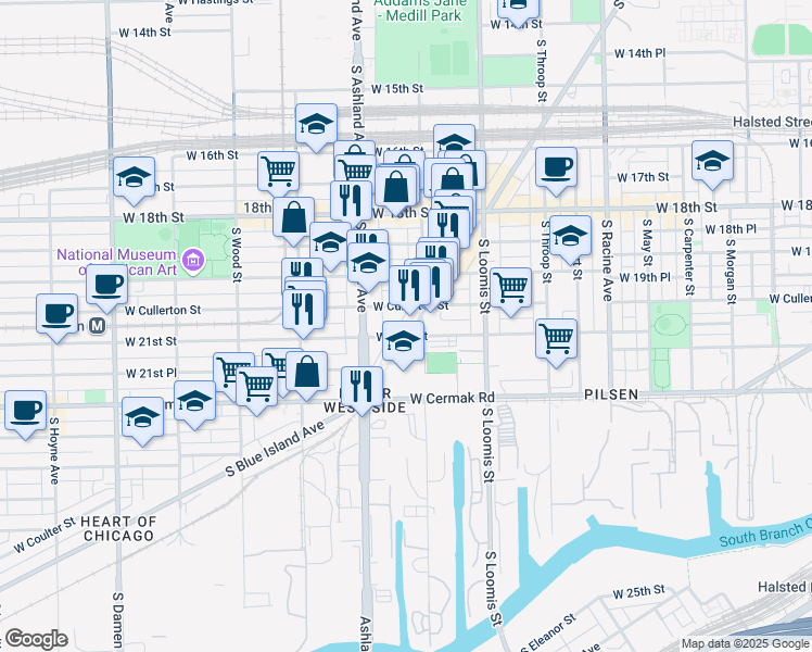 map of restaurants, bars, coffee shops, grocery stores, and more near 2024 South Blue Island Avenue in Chicago