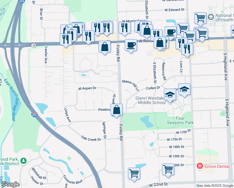 map of restaurants, bars, coffee shops, grocery stores, and more near 535 Aspen Drive in Lombard