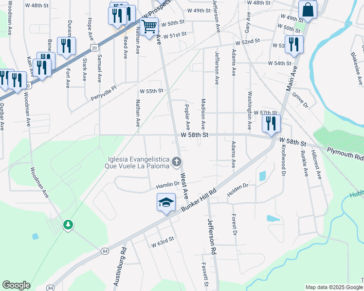 map of restaurants, bars, coffee shops, grocery stores, and more near 5834 West Avenue in Ashtabula