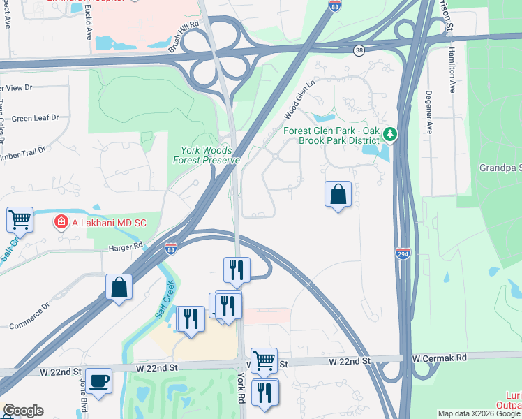 map of restaurants, bars, coffee shops, grocery stores, and more near 3 Woodridge Drive in Oak Brook