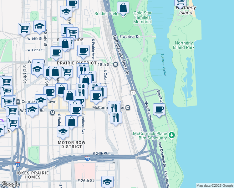 map of restaurants, bars, coffee shops, grocery stores, and more near 2050 South King Drive in Chicago