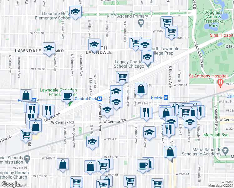 map of restaurants, bars, coffee shops, grocery stores, and more near 1924 South Saint Louis Avenue in Chicago