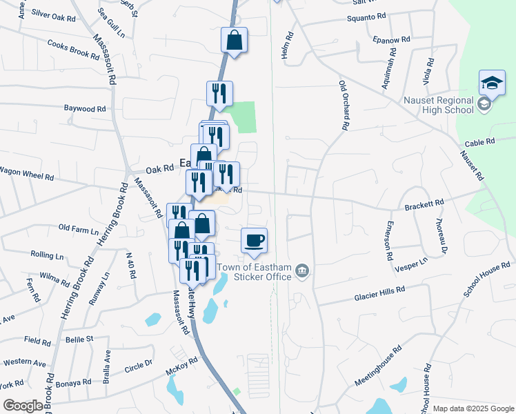 map of restaurants, bars, coffee shops, grocery stores, and more near 25 Holmes Road in Eastham