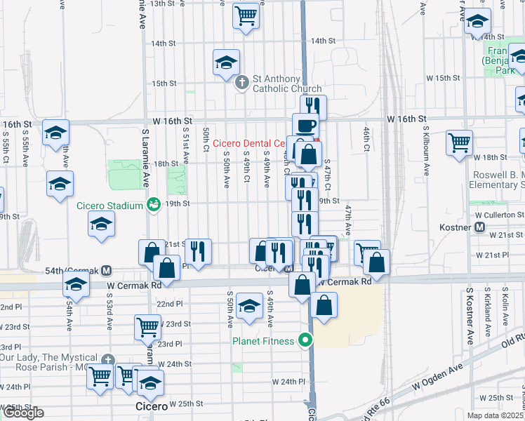 map of restaurants, bars, coffee shops, grocery stores, and more near 1906 South 49th Avenue in Cicero