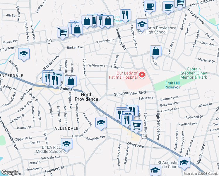 map of restaurants, bars, coffee shops, grocery stores, and more near 557 Fruit Hill Avenue in North Providence