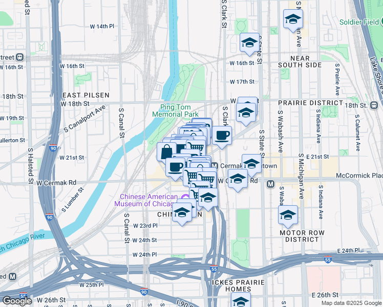 map of restaurants, bars, coffee shops, grocery stores, and more near 2121 South China Place in Chicago