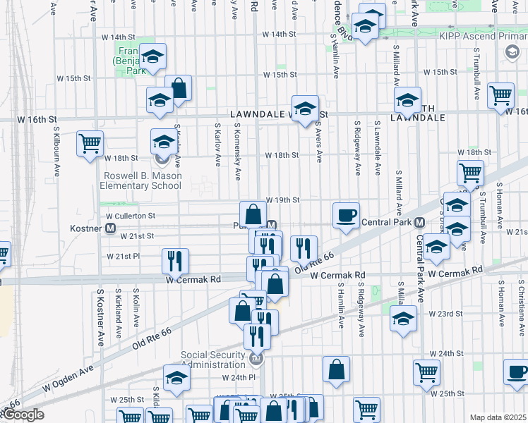 map of restaurants, bars, coffee shops, grocery stores, and more near 1915 South Pulaski Road in Chicago