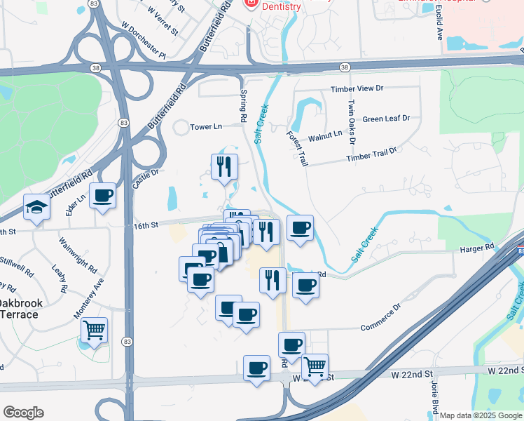 map of restaurants, bars, coffee shops, grocery stores, and more near 1226 16th Street in Oak Brook