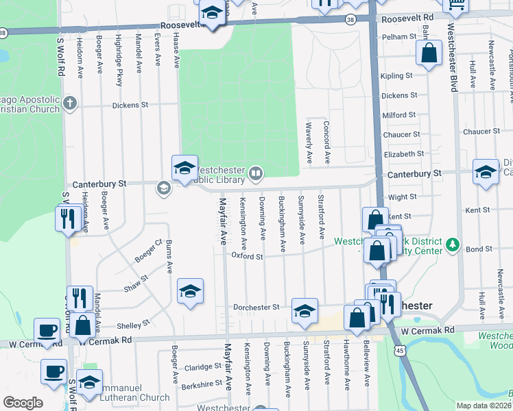 map of restaurants, bars, coffee shops, grocery stores, and more near 1620 Downing Avenue in Westchester