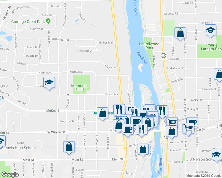 map of restaurants, bars, coffee shops, grocery stores, and more near 318 North Lincoln Street in Batavia