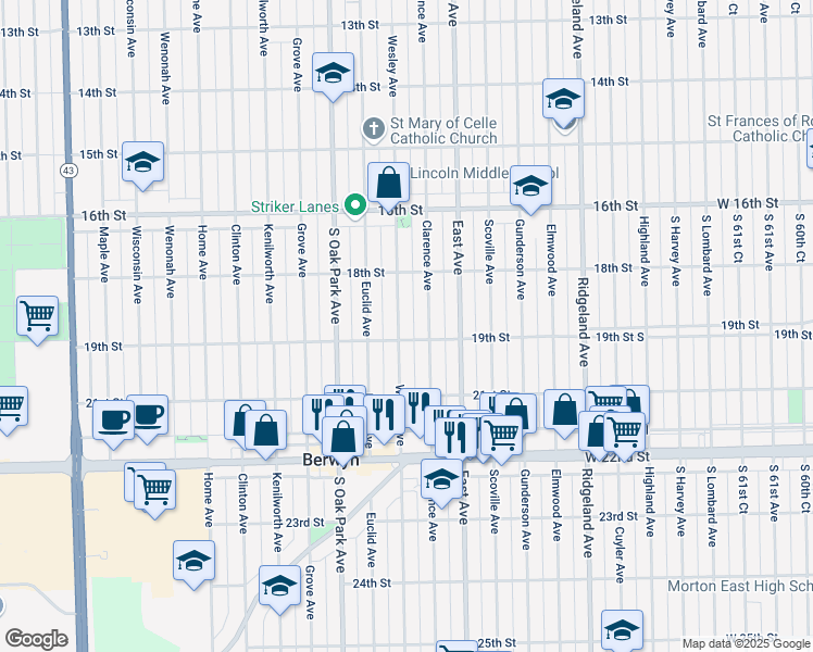 map of restaurants, bars, coffee shops, grocery stores, and more near 1843 Wesley Avenue in Berwyn