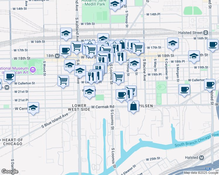 map of restaurants, bars, coffee shops, grocery stores, and more near 2018 South Loomis Street in Chicago