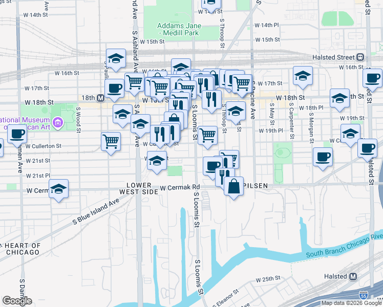 map of restaurants, bars, coffee shops, grocery stores, and more near 2018 South Loomis Street in Chicago