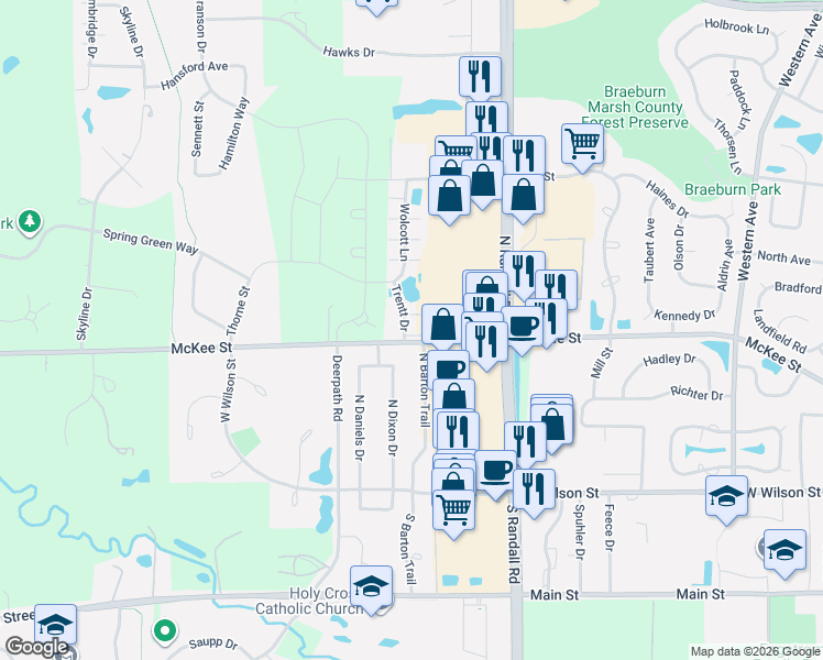map of restaurants, bars, coffee shops, grocery stores, and more near 206 Trentt Drive in Batavia