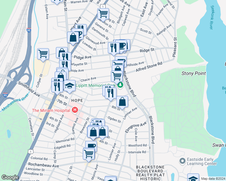 map of restaurants, bars, coffee shops, grocery stores, and more near 998 Hope Street in Providence