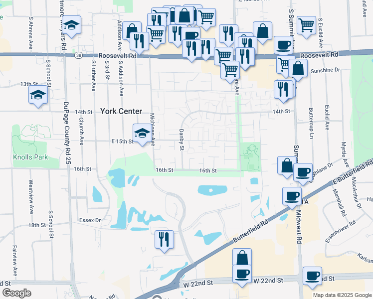 map of restaurants, bars, coffee shops, grocery stores, and more near 1S289 Danby Street in Villa Park