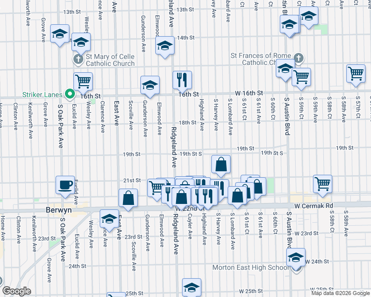 map of restaurants, bars, coffee shops, grocery stores, and more near 1848 Cuyler Avenue in Berwyn