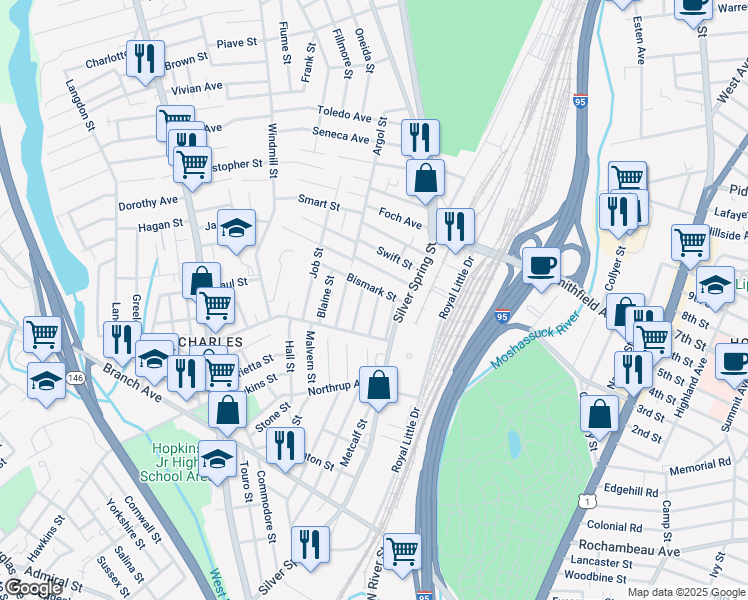 map of restaurants, bars, coffee shops, grocery stores, and more near 40 Brockton Street in Providence