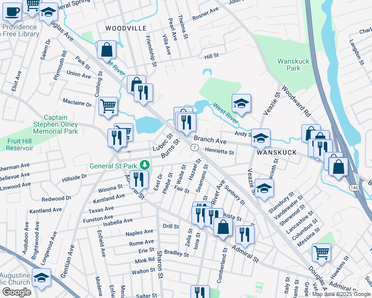 map of restaurants, bars, coffee shops, grocery stores, and more near 12 Atlas Street in Providence