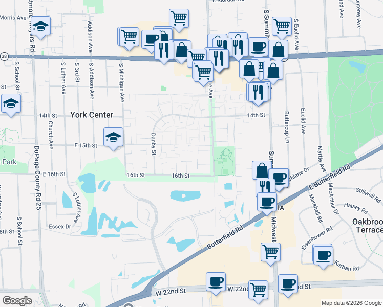 map of restaurants, bars, coffee shops, grocery stores, and more near 18W089 Williamsburg Lane in Villa Park
