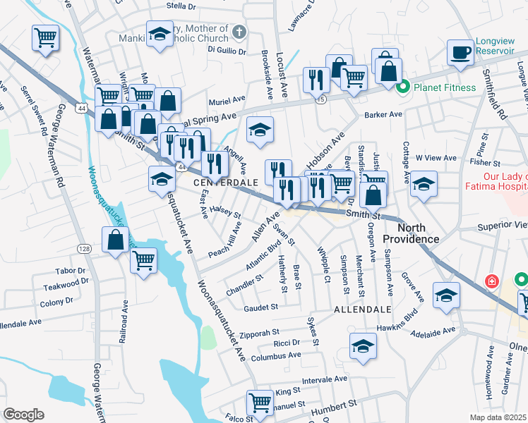 map of restaurants, bars, coffee shops, grocery stores, and more near 11 Allen Avenue in North Providence