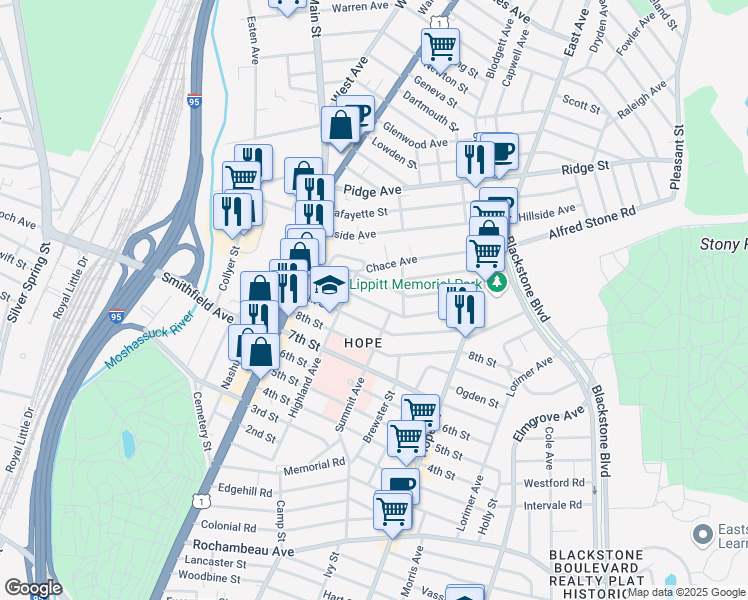 map of restaurants, bars, coffee shops, grocery stores, and more near 84 10th Street in Providence