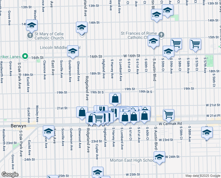 map of restaurants, bars, coffee shops, grocery stores, and more near 1848 South Harvey Avenue in Berwyn